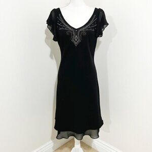 Sheri Martin Embellished Double V-Neck Flutter Sleeve Black Dress